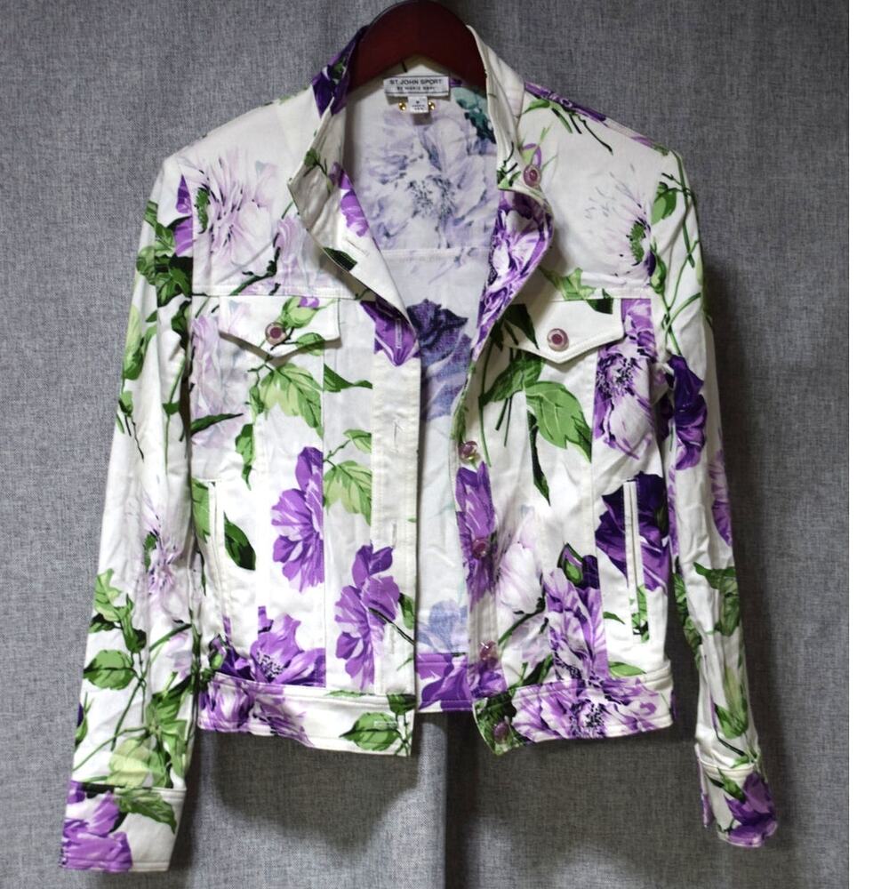 St. John Sport by Marie Gray Petite Floral Denim Jacket White Purple Green